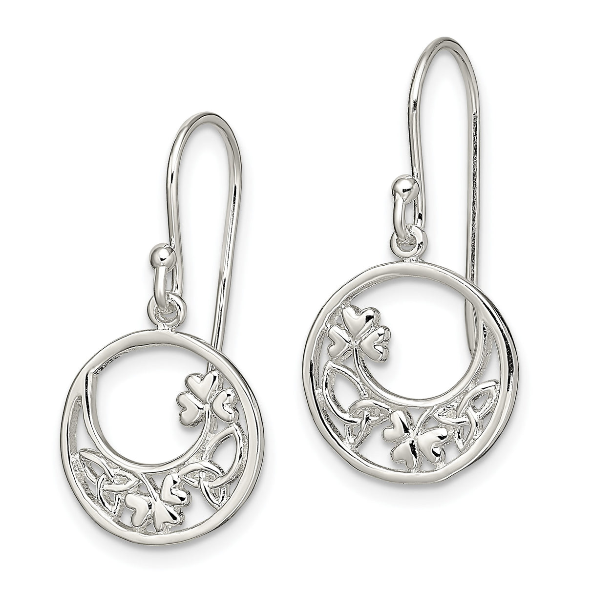 Sterling Silver Dangle Earrings with Open Circle Clover, Celtic Knots and Shamrock Motifs