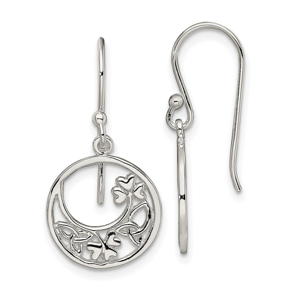 Sterling Silver Dangle Earrings with Open Circle Clover, Celtic Knots and Shamrock Motifs