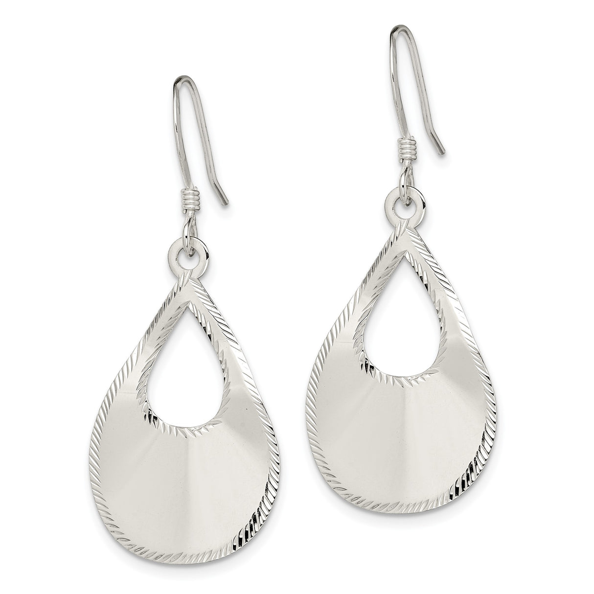 Sterling Silver Teardrop Dangle Earrings with High Polish Finish and Etched Edge Detail