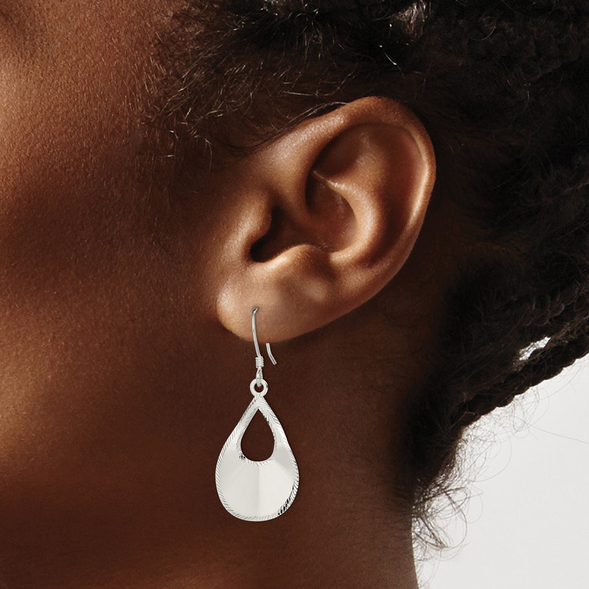 Sterling Silver Teardrop Dangle Earrings with High Polish Finish and Etched Edge Detail