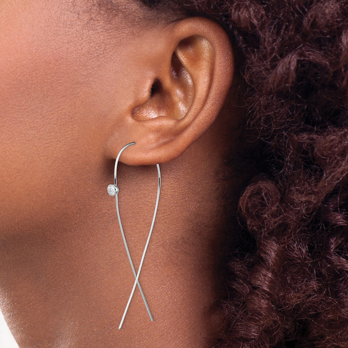 Sterling Silver Threader Earrings with Clear Cubic Zirconia, Minimalist Open Hoop Design
