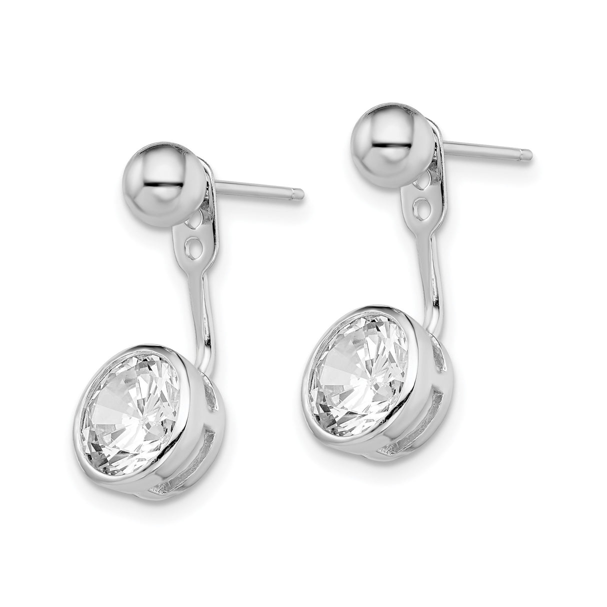 Sterling Silver Dangle Earrings with Clear Cubic Zirconia in Bezel Setting, Polished Ball Drop Design