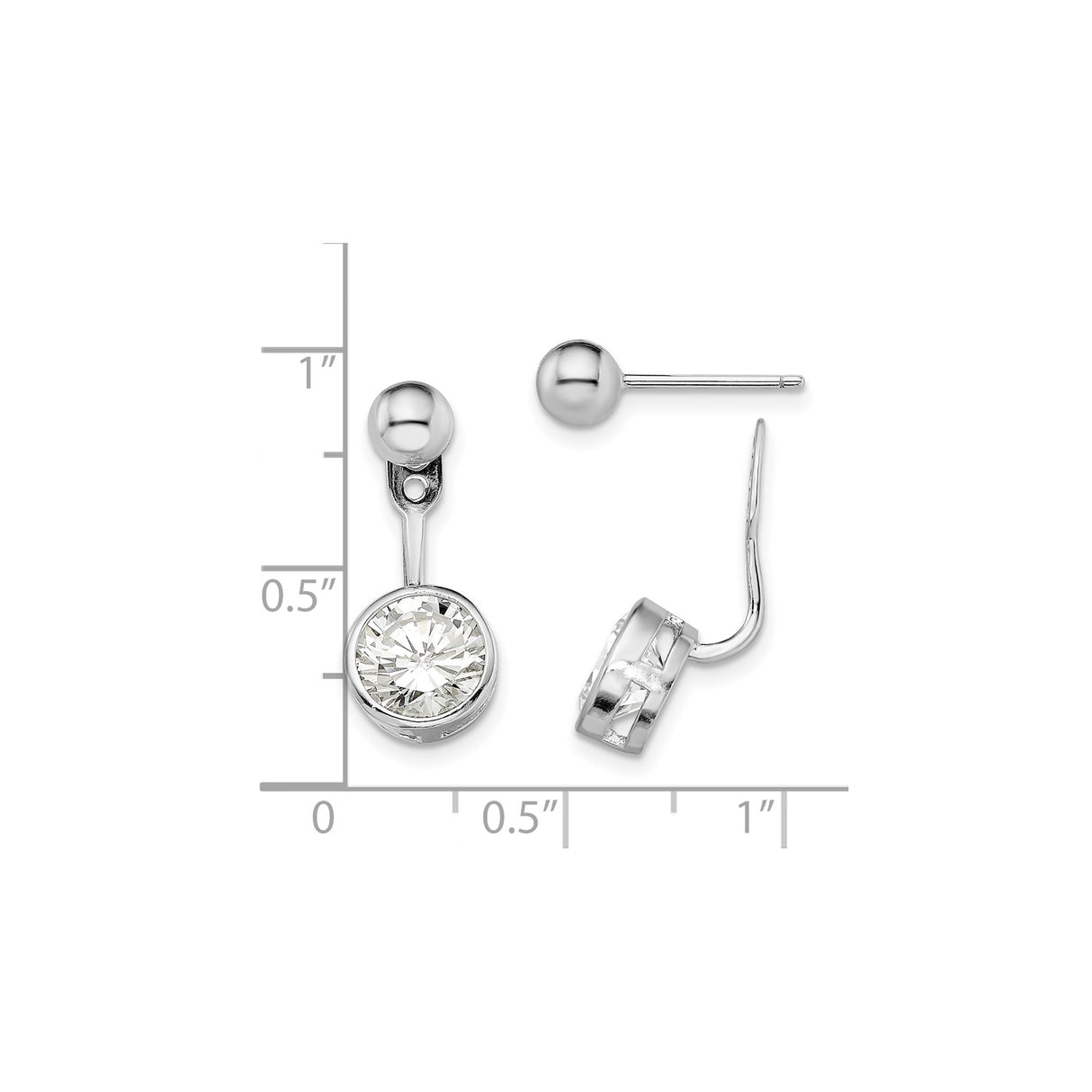 Sterling Silver Dangle Earrings with Clear Cubic Zirconia in Bezel Setting, Polished Ball Drop Design