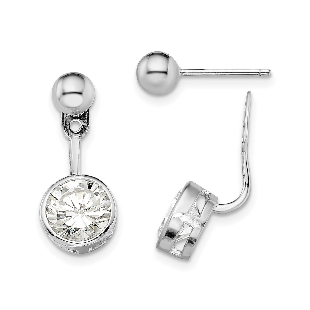 Sterling Silver Dangle Earrings with Clear Cubic Zirconia in Bezel Setting, Polished Ball Drop Design