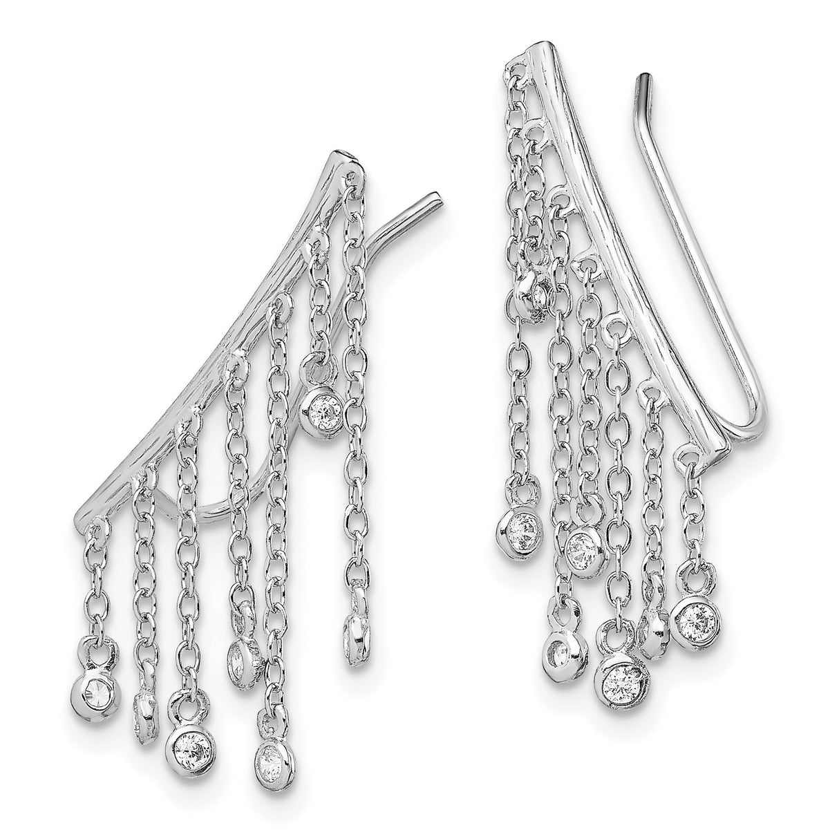 Sterling Silver Dangle Earrings with Cubic Zirconia Accents and Long Chain Fringe Design
