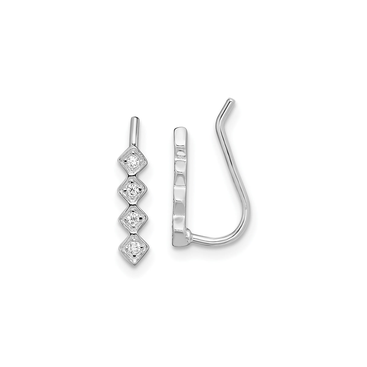 Sterling Silver Drop Earrings with Four Diamond-Shaped Cubic Zirconia, Long Linear Design