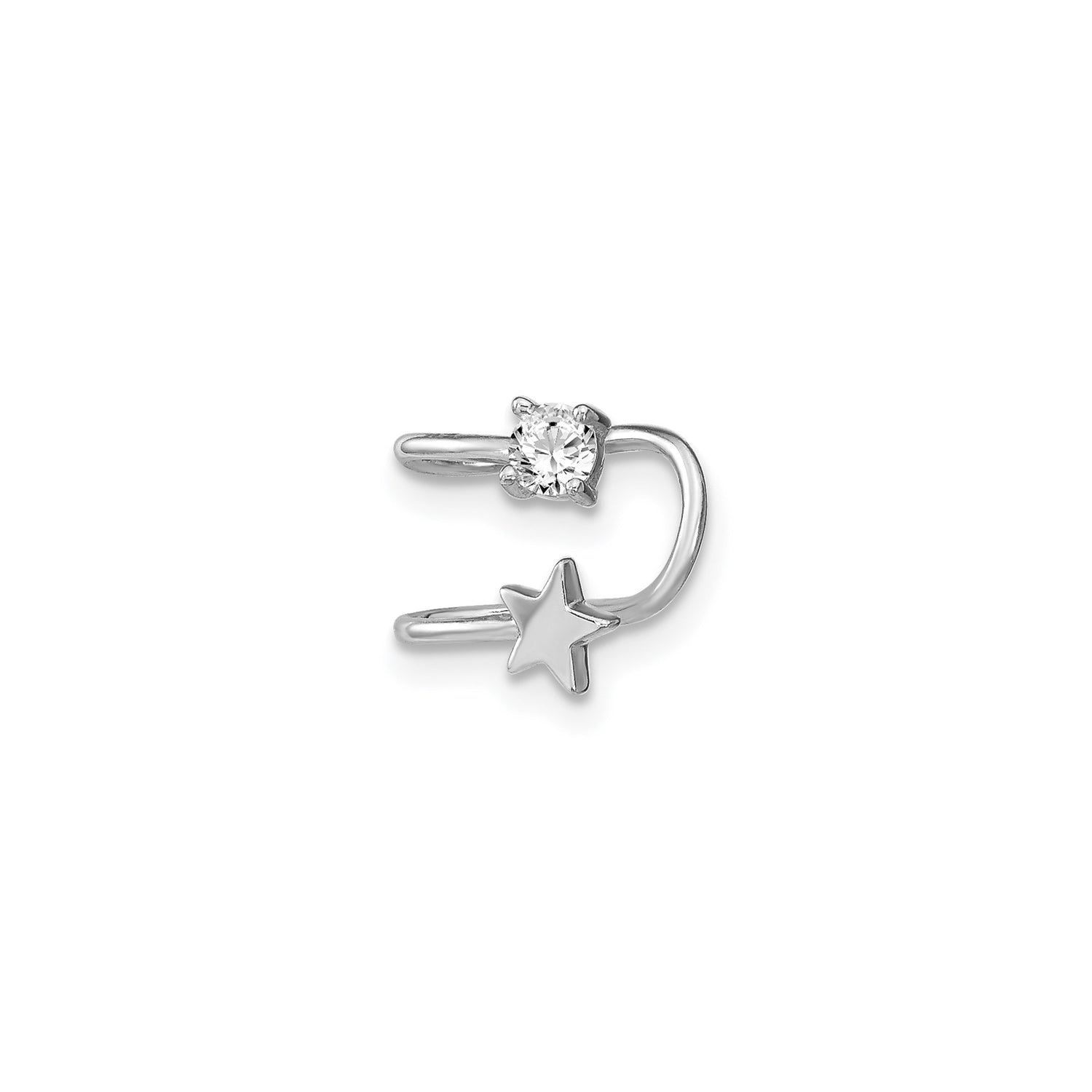Sterling Silver Ear Cuff with Cubic Zirconia, Star and Moon Motif, Celestial Minimalist Design