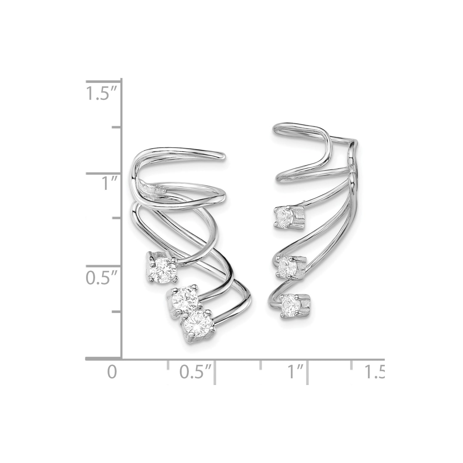 Sterling Silver Ear Climbers with Three Cubic Zirconia Stones, Modern Curved Minimalist Design