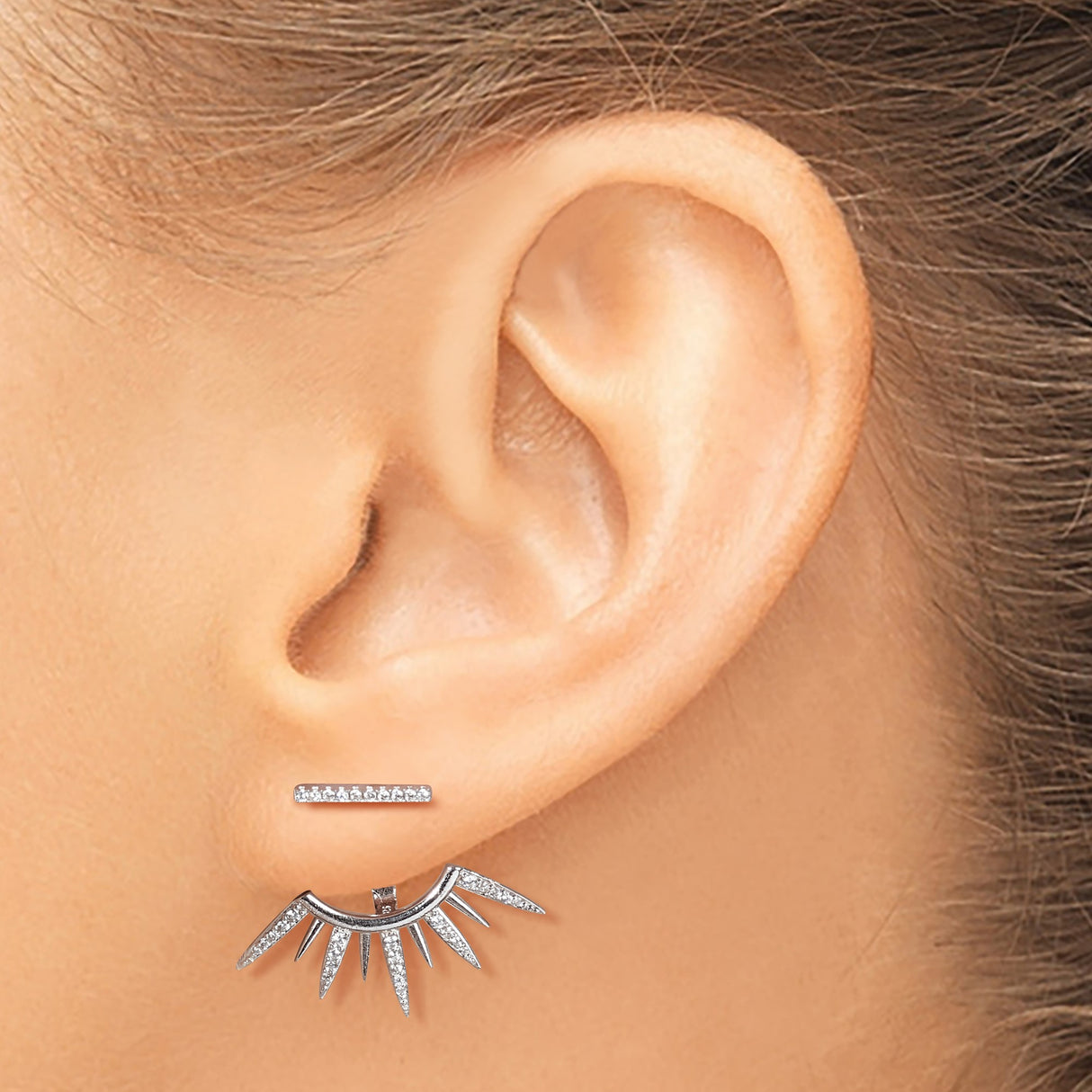 Sterling Silver Sunburst Spike Earrings with Cubic Zirconia, Modern Dual Layer Jacket Design