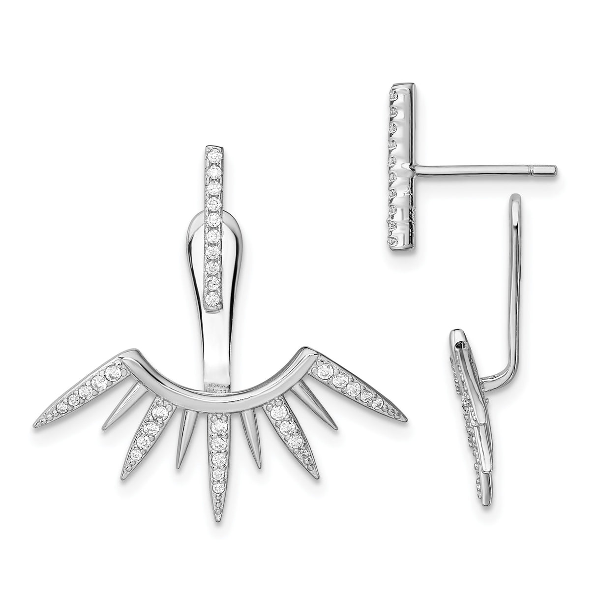 Sterling Silver Sunburst Spike Earrings with Cubic Zirconia, Modern Dual Layer Jacket Design