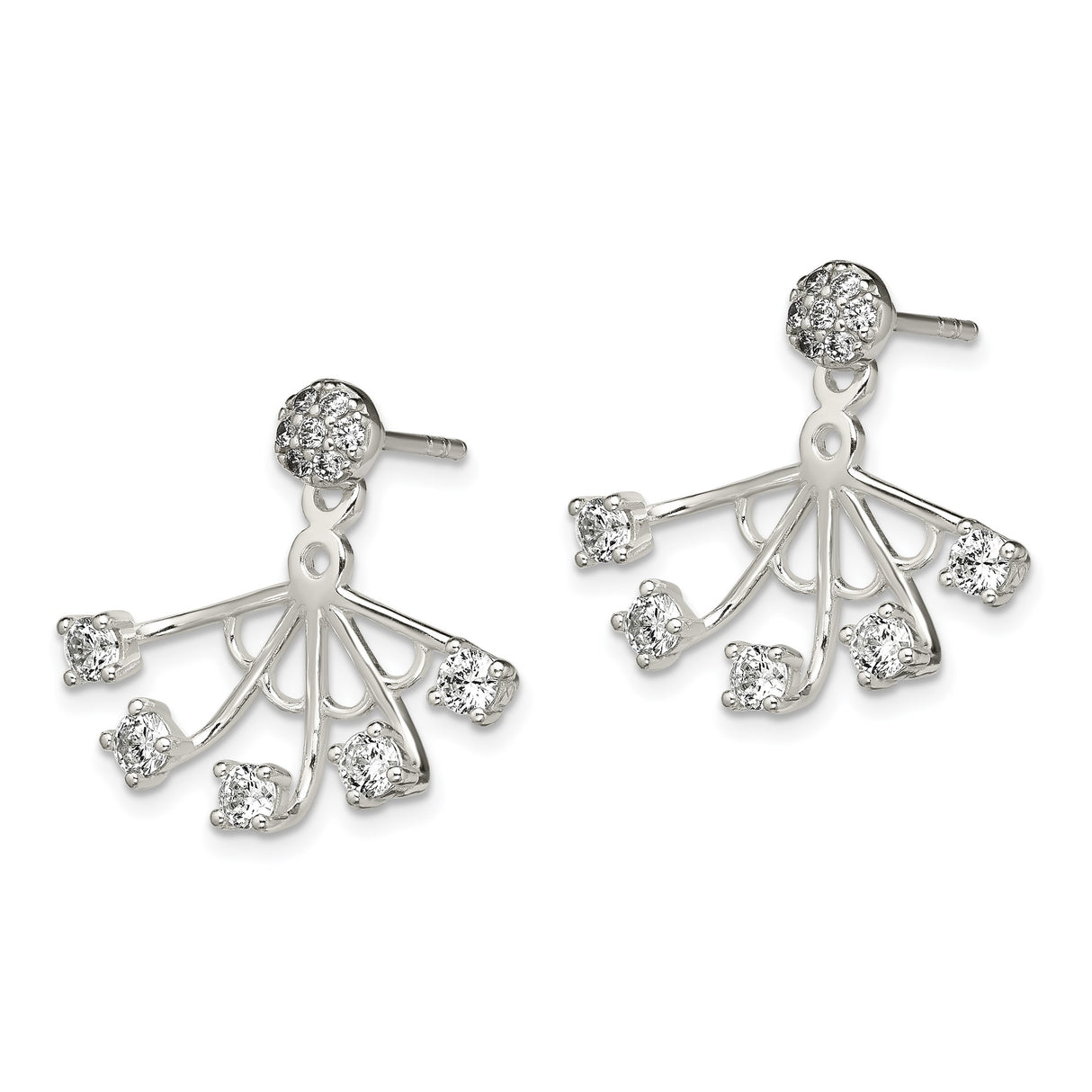 Sterling Silver Jacket Earrings with Cubic Zirconia, Modern Fan Design Front Back Studs