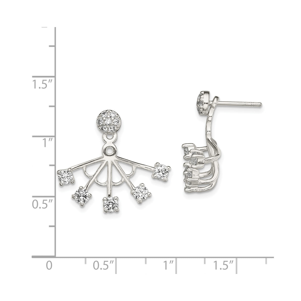Sterling Silver Jacket Earrings with Cubic Zirconia, Modern Fan Design Front Back Studs