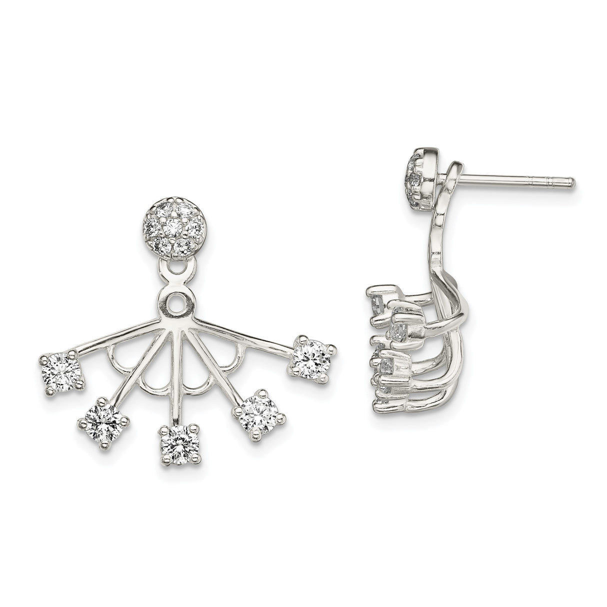 Sterling Silver Jacket Earrings with Cubic Zirconia, Modern Fan Design Front Back Studs
