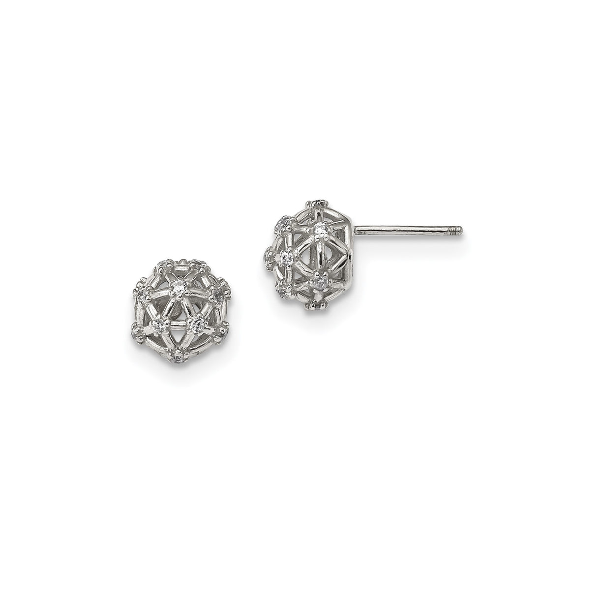 Sterling Silver Geometric Stud Earrings with Cubic Zirconia, 3D Lattice Ball Design