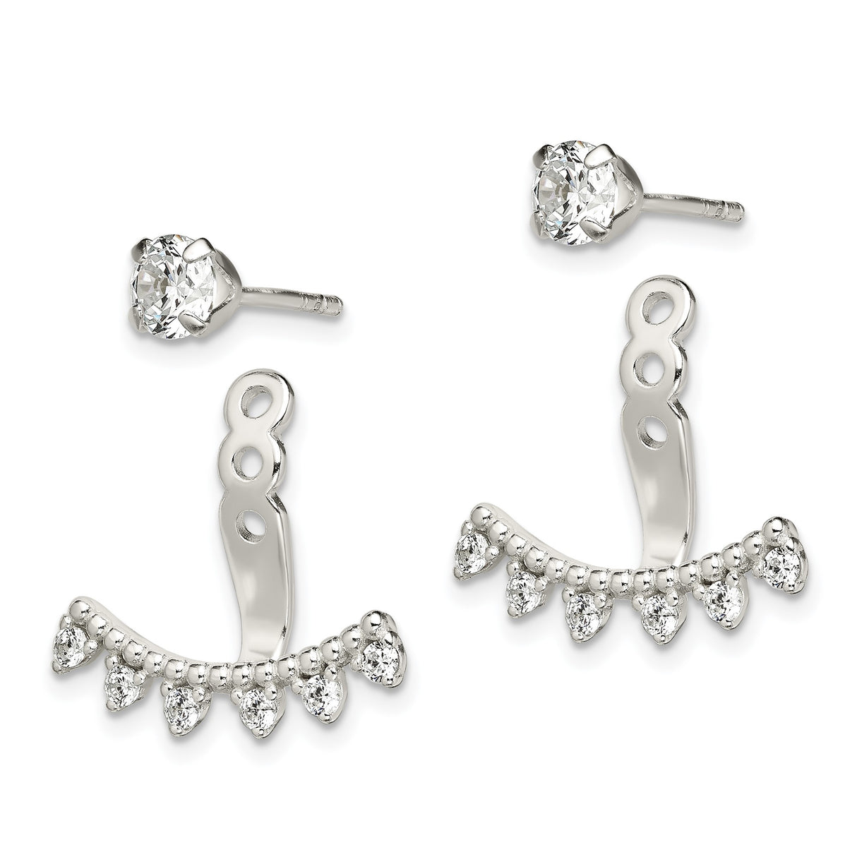 Sterling Silver Ear Jackets with Cubic Zirconia Studs and Detachable Fan Shape Design