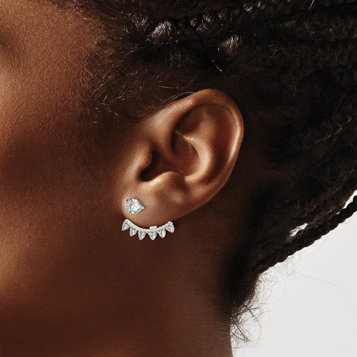 Sterling Silver Ear Jackets with Cubic Zirconia Studs and Detachable Fan Shape Design