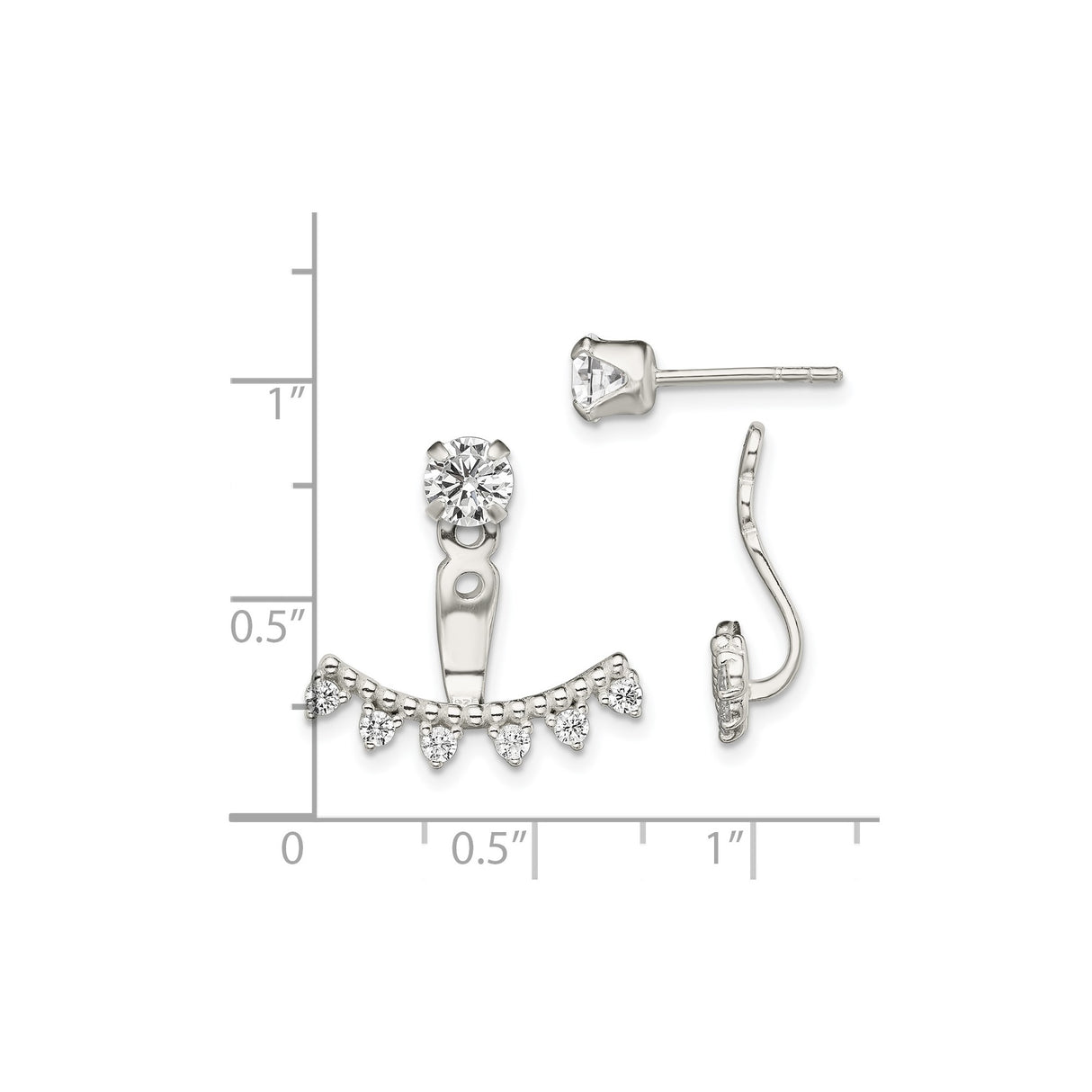 Sterling Silver Ear Jackets with Cubic Zirconia Studs and Detachable Fan Shape Design