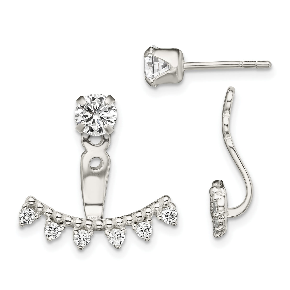 Sterling Silver Ear Jackets with Cubic Zirconia Studs and Detachable Fan Shape Design