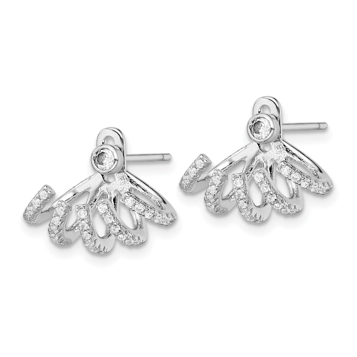 Sterling Silver Ear Jacket Earrings with Cubic Zirconia, Layered Multi-Band Fan Design