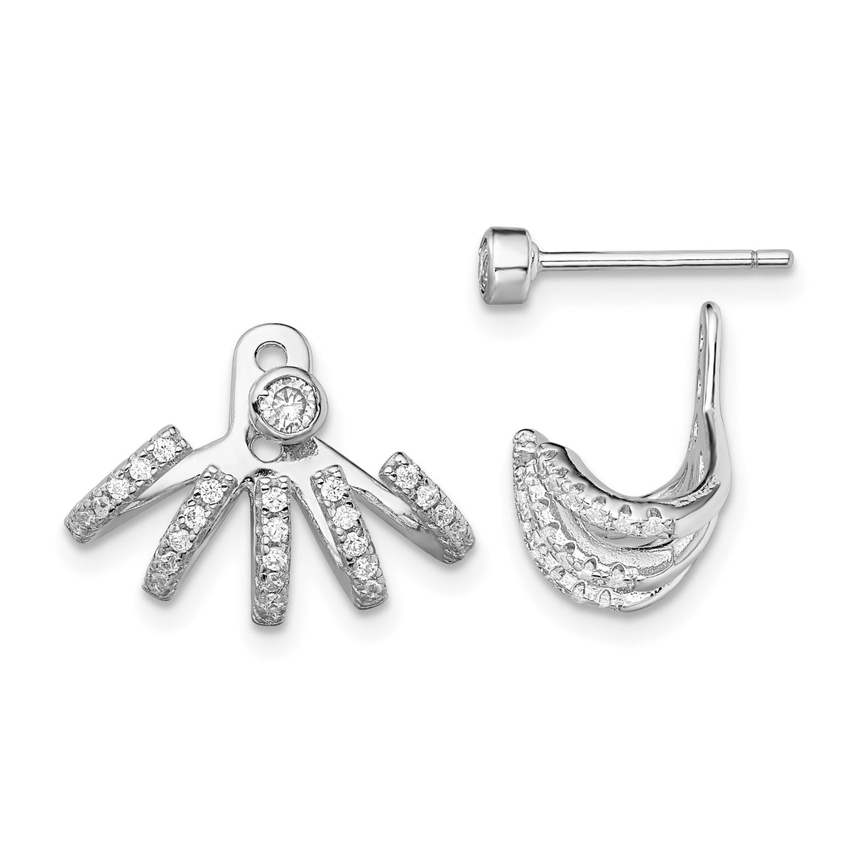 Sterling Silver Ear Jacket Earrings with Cubic Zirconia, Layered Multi-Band Fan Design