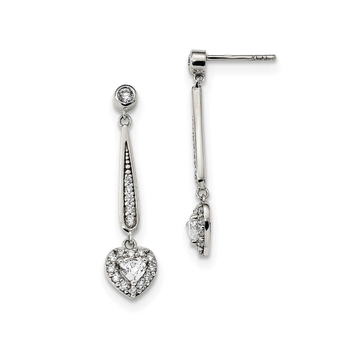 Sterling Silver Heart Shaped Dangle Earrings with Cubic Zirconia Center and Pave Setting