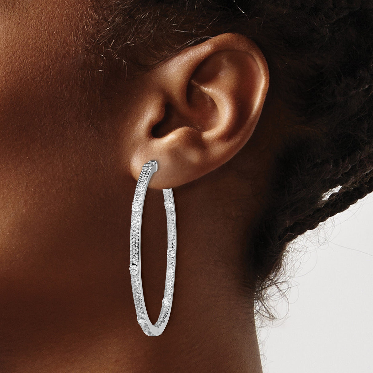 Sterling Silver Hoop Earrings with Cubic Zirconia, Dual Row Milgrain Design