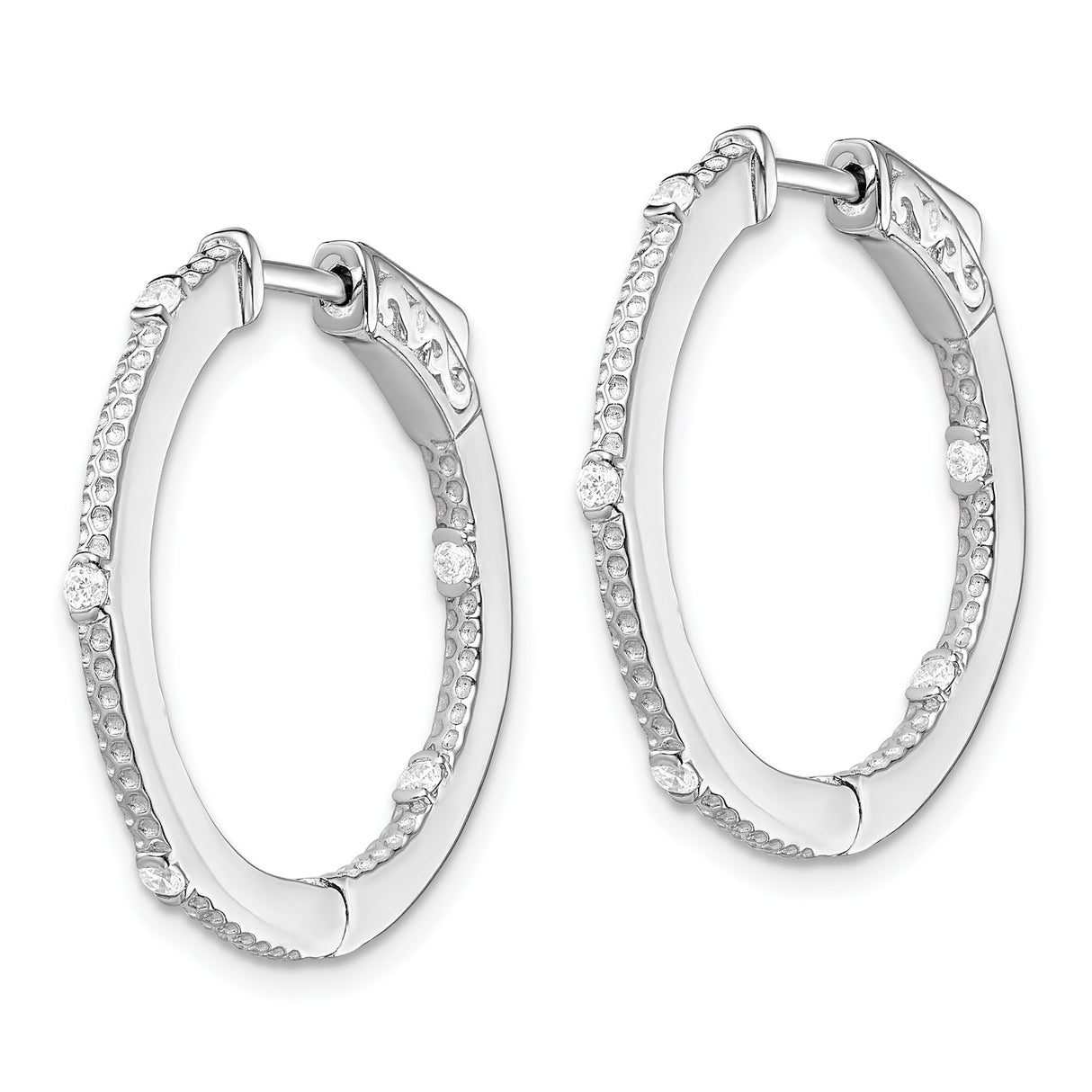 Sterling Silver Hoop Earrings with Cubic Zirconia, Textured Double Row Design, Polished Finish