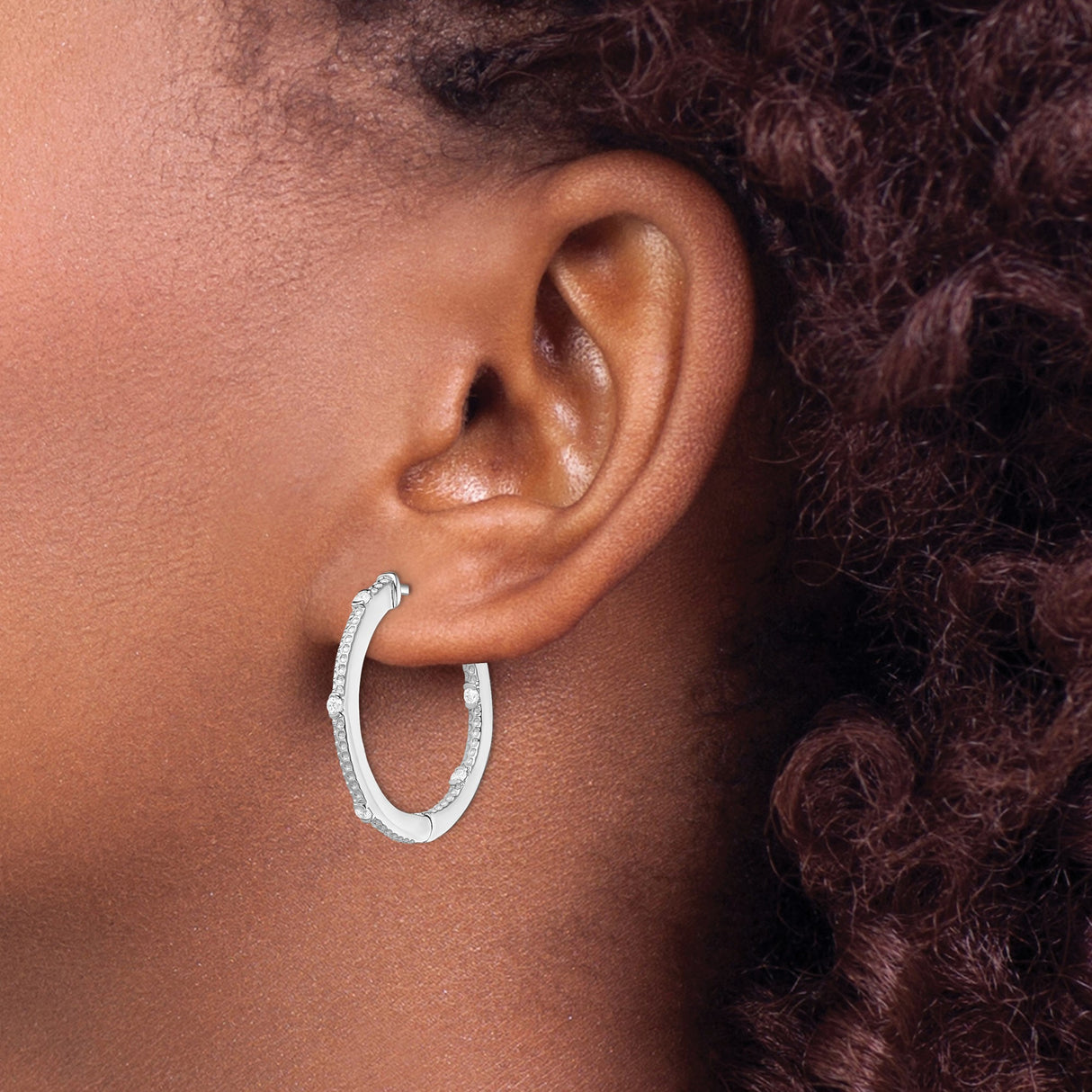 Sterling Silver Hoop Earrings with Cubic Zirconia, Textured Double Row Design, Polished Finish