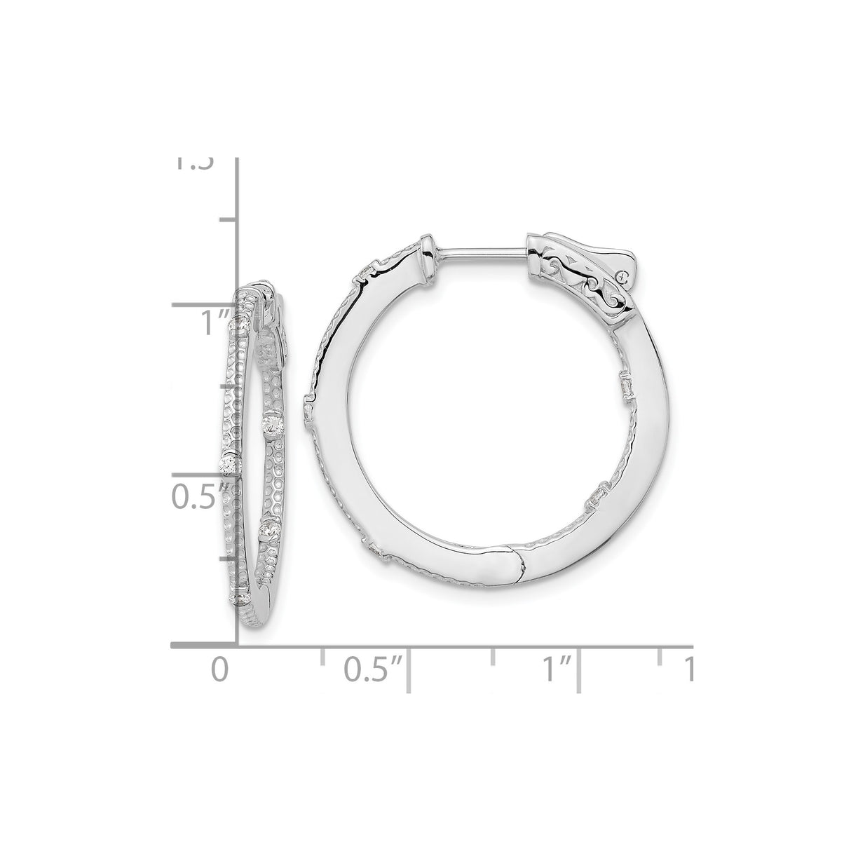 Sterling Silver Hoop Earrings with Cubic Zirconia, Textured Double Row Design, Polished Finish