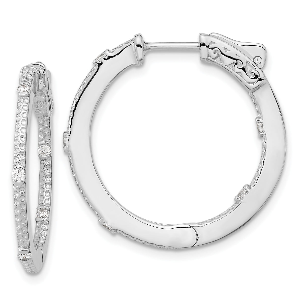 Sterling Silver Hoop Earrings with Cubic Zirconia, Textured Double Row Design, Polished Finish