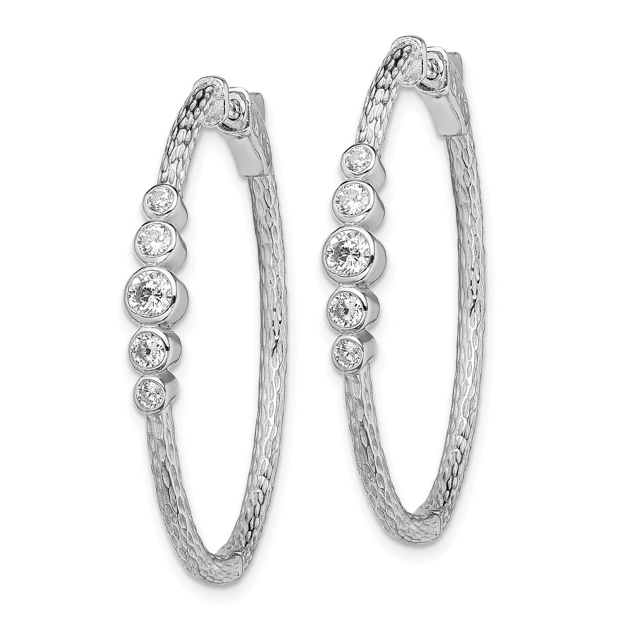 Sterling Silver Hoop Earrings with Cubic Zirconia, Textured Hammered Finish, Lightweight Design