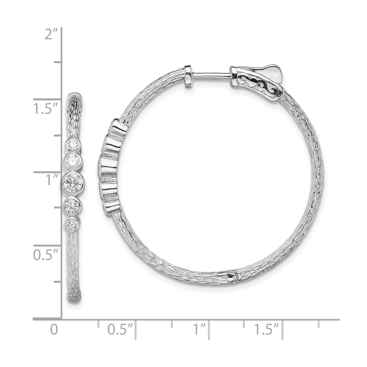 Sterling Silver Hoop Earrings with Cubic Zirconia, Textured Hammered Finish, Lightweight Design