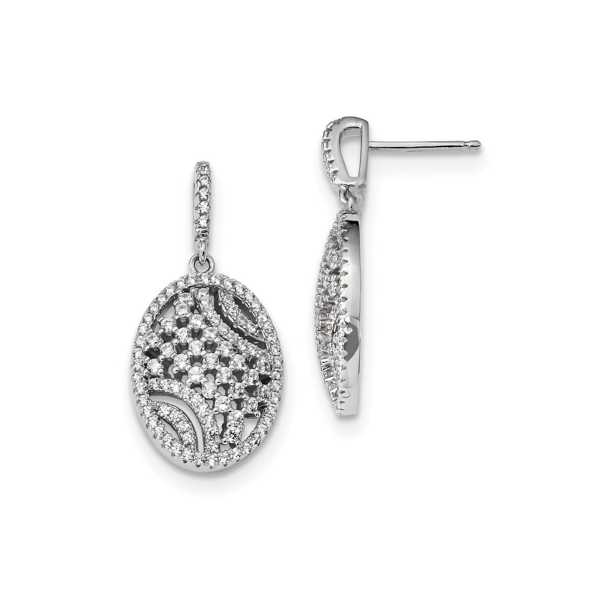 Sterling Silver Drop Earrings with Cubic Zirconia, Oval Lattice and Swirl Floral Design