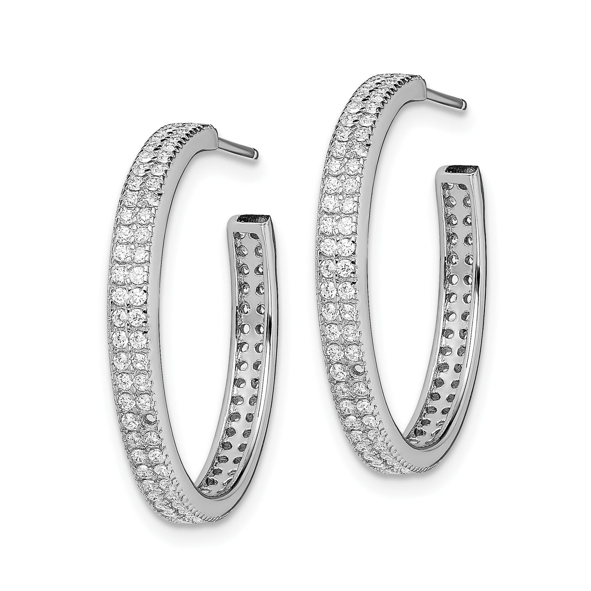 Sterling Silver Hoop Earrings with Triple Row Round Cut Cubic Zirconia Pavé Setting