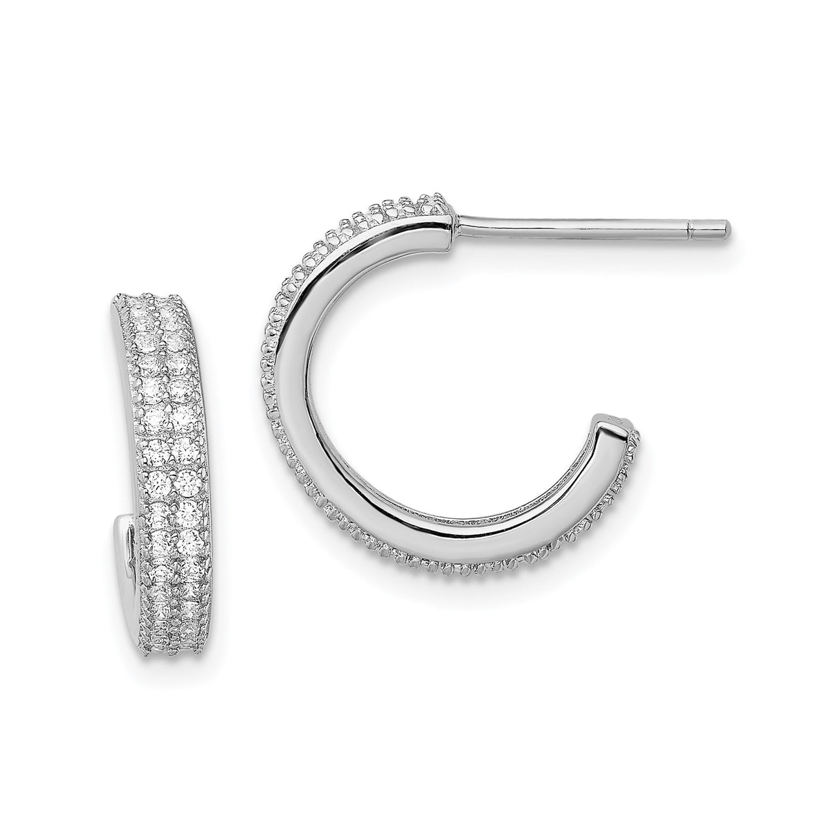 Sterling Silver Hoop Earrings with Triple Row Cubic Zirconia, Modern Half Hoop Design