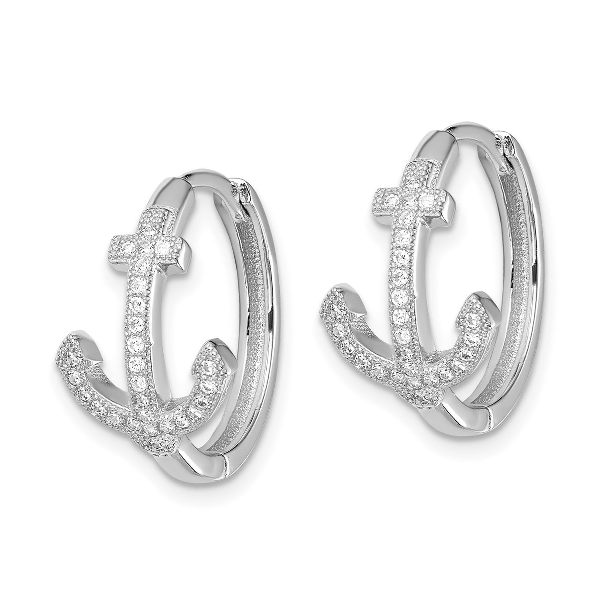 Sterling Silver Hoop Earrings with Cubic Zirconia Anchor Charm, Nautical Dangle Design