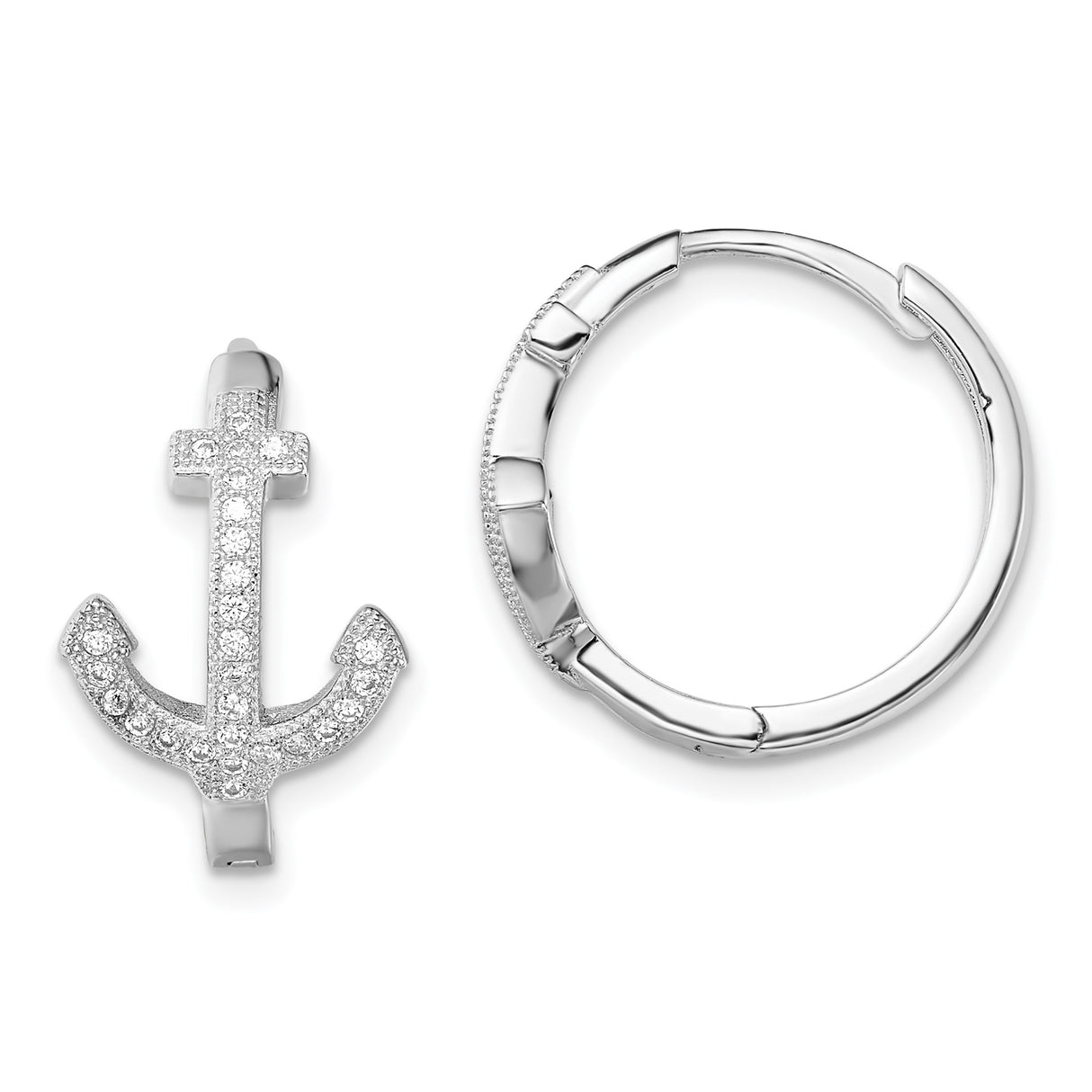 Sterling Silver Hoop Earrings with Cubic Zirconia Anchor Charm, Nautical Dangle Design