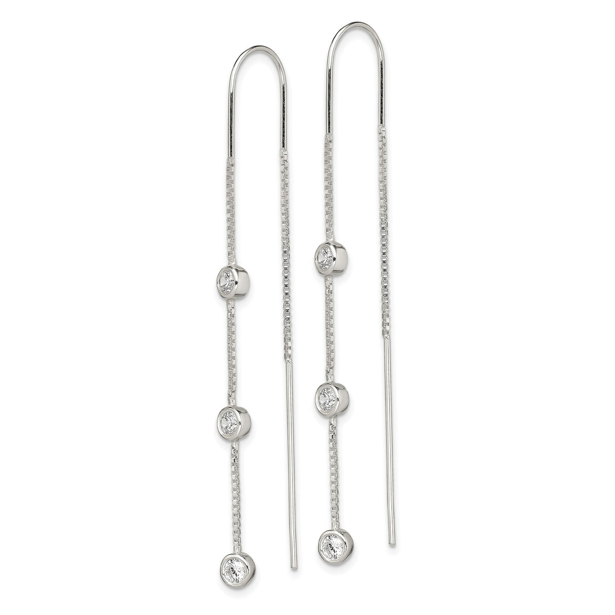 Sterling Silver Threader Earrings with Cubic Zirconia, Box Chain, Minimalist Dangle Style