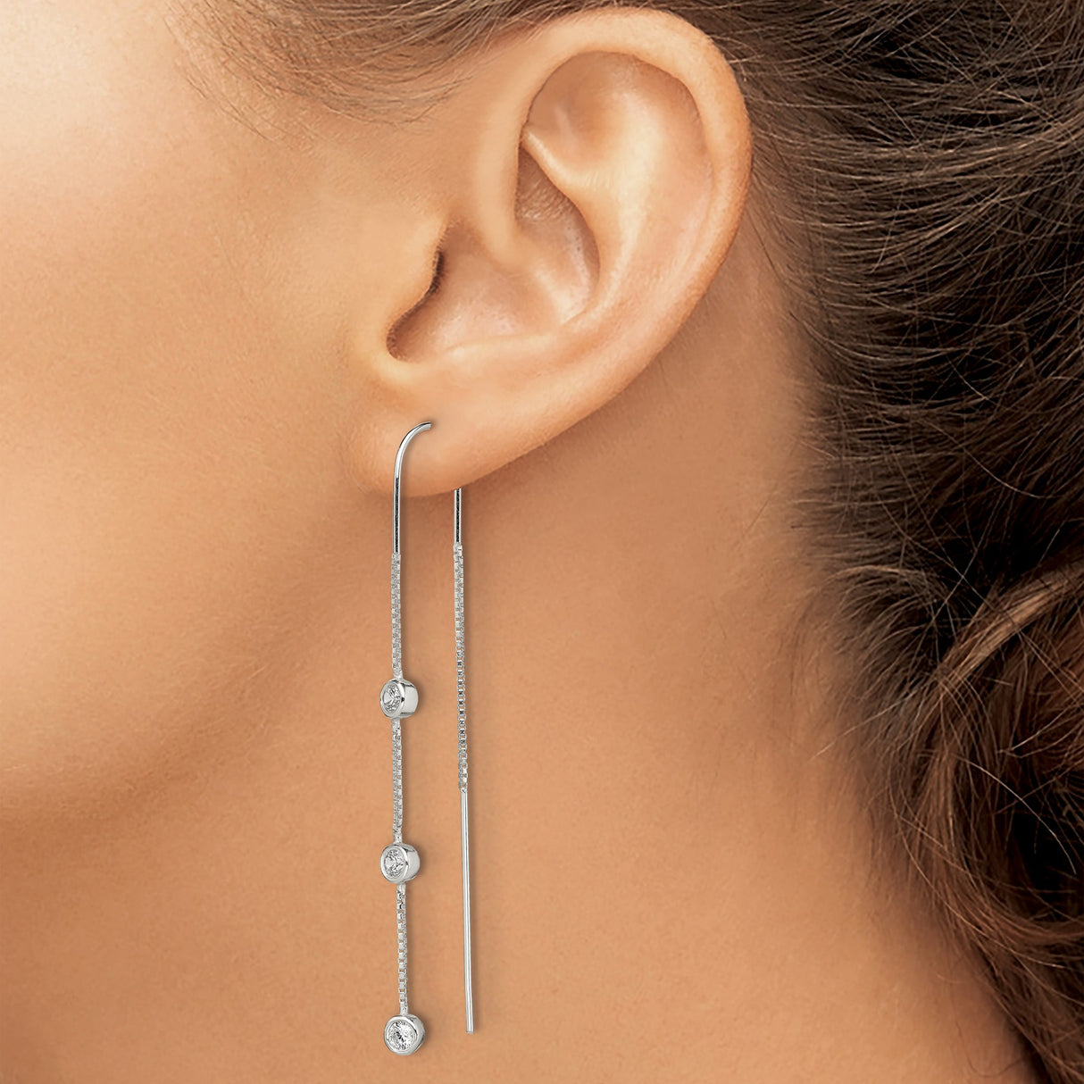 Sterling Silver Threader Earrings with Cubic Zirconia, Box Chain, Minimalist Dangle Style