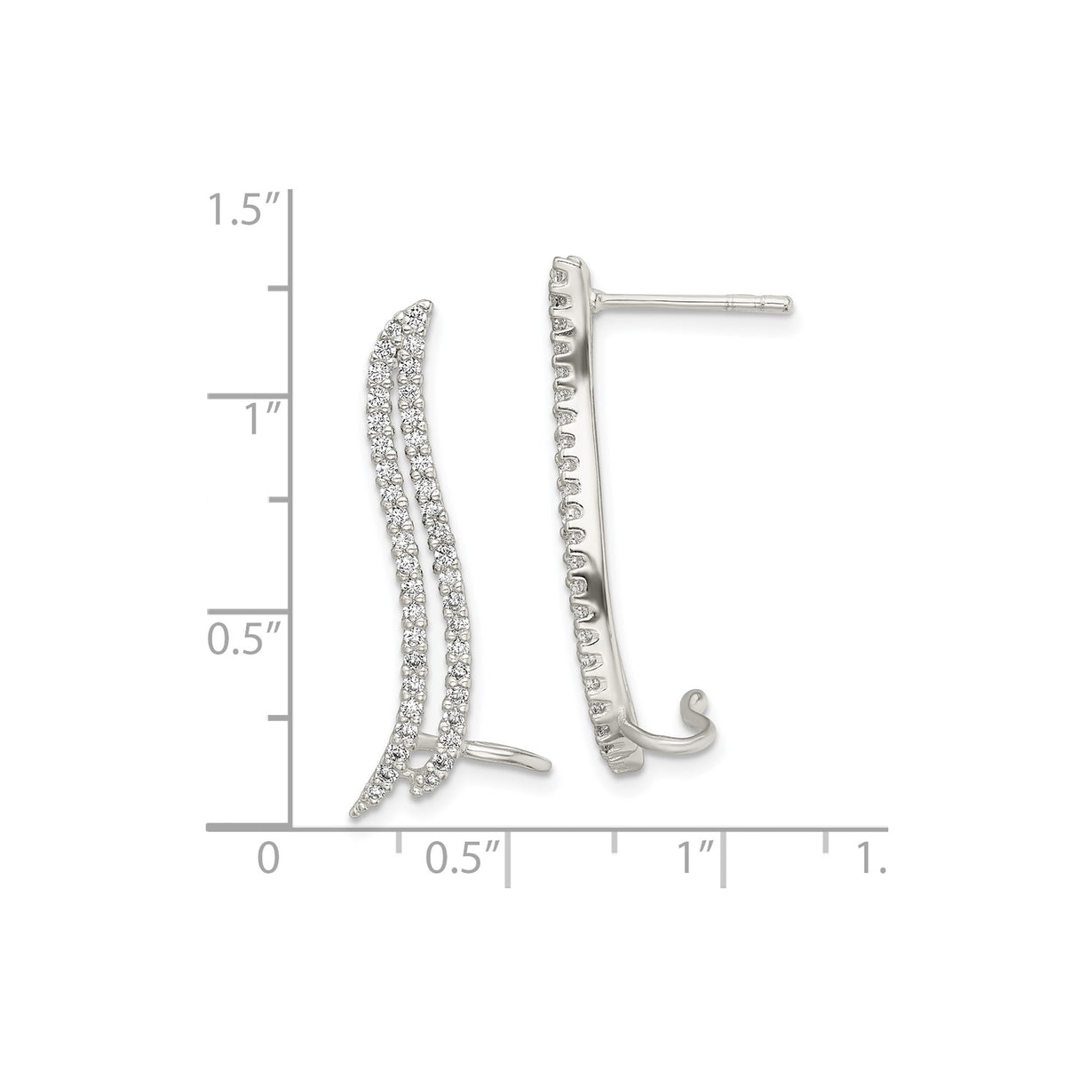 Sterling Silver Ear Climber Earrings with Cubic Zirconia, Wave Shape, Modern Minimalist Design