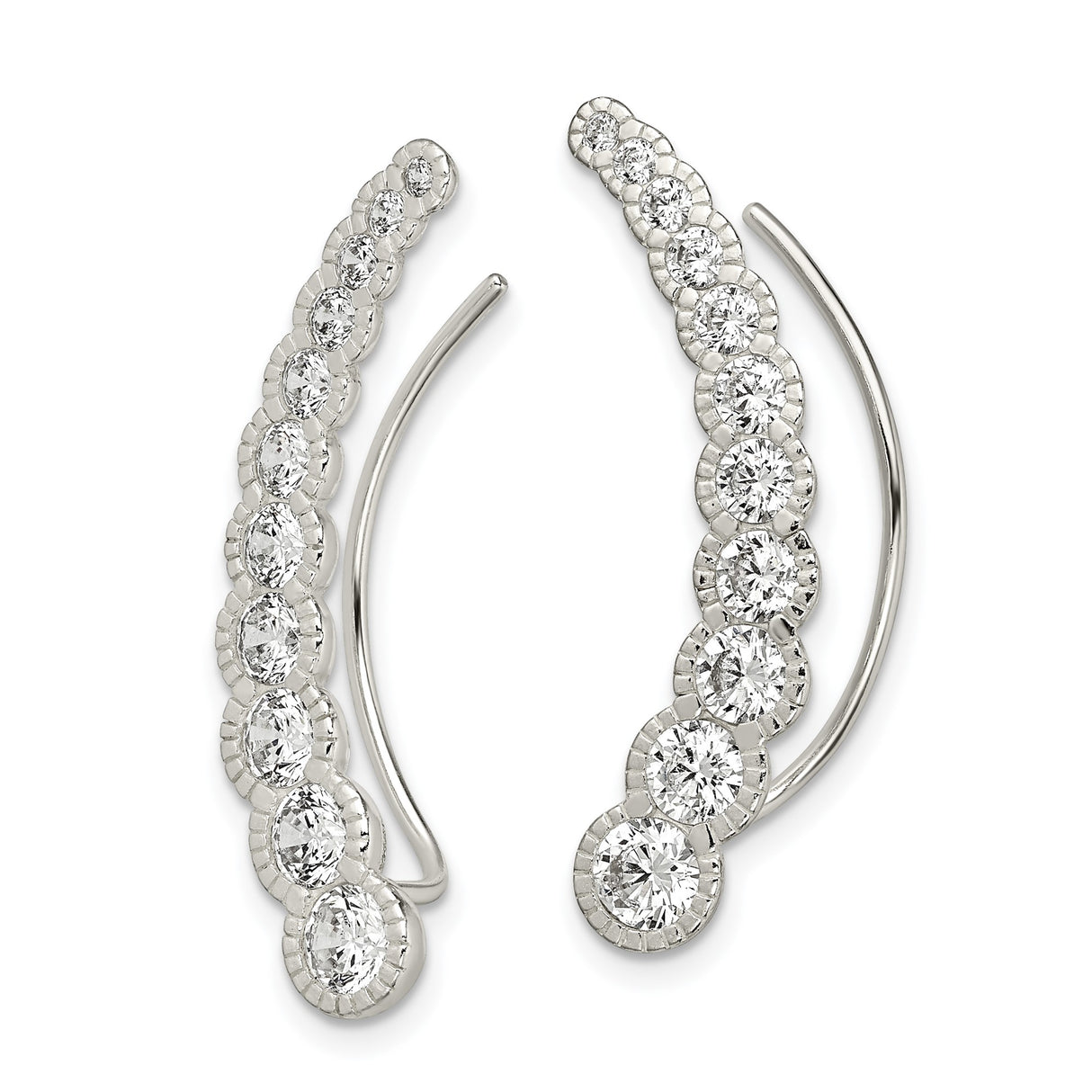 Sterling Silver Ear Climbers with Graduated Cubic Zirconia, Curved Modern Minimalist Design