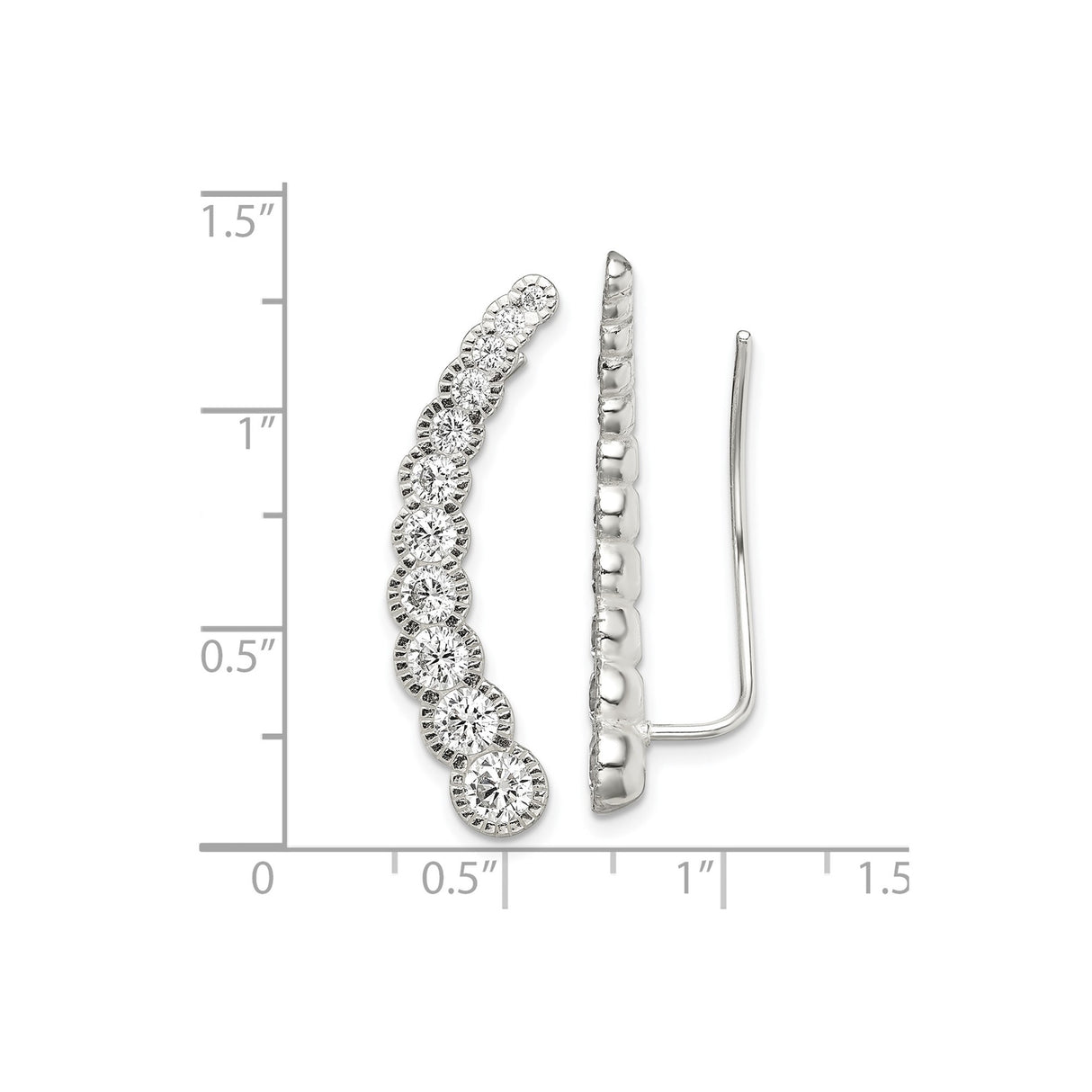 Sterling Silver Ear Climbers with Graduated Cubic Zirconia, Curved Modern Minimalist Design