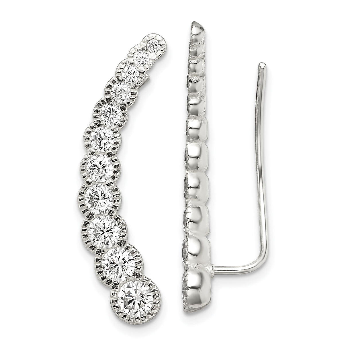 Sterling Silver Ear Climbers with Graduated Cubic Zirconia, Curved Modern Minimalist Design