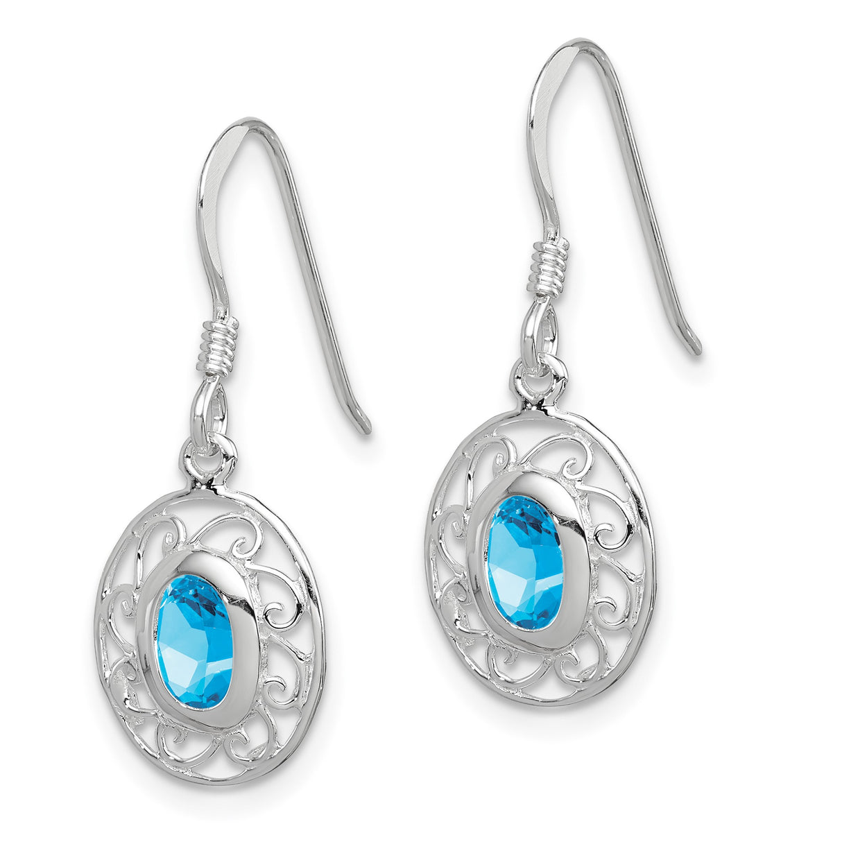 Sterling Silver Dangle Earrings with Swiss Blue Topaz, Filigree Scroll Design, Vintage Style