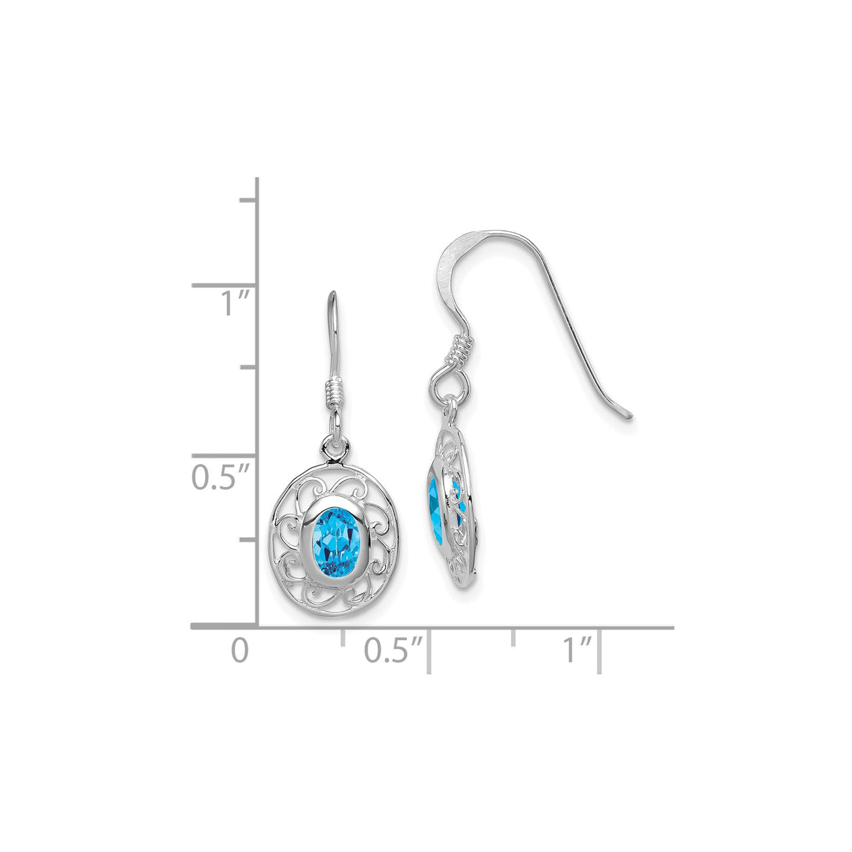Sterling Silver Dangle Earrings with Swiss Blue Topaz, Filigree Scroll Design, Vintage Style