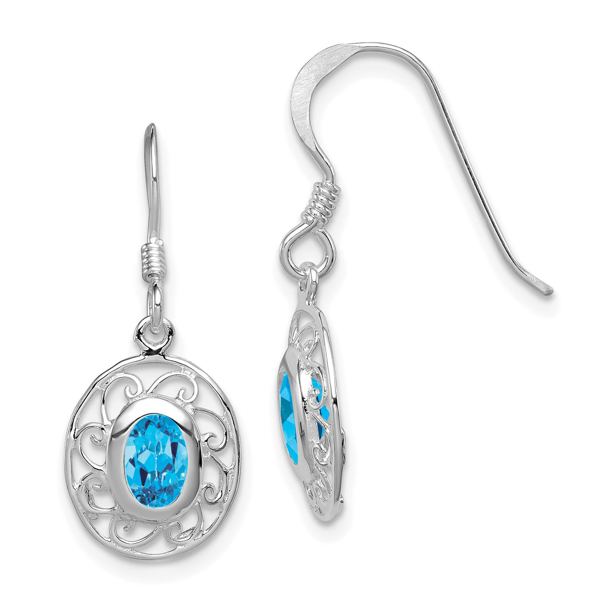 Sterling Silver Dangle Earrings with Swiss Blue Topaz, Filigree Scroll Design, Vintage Style