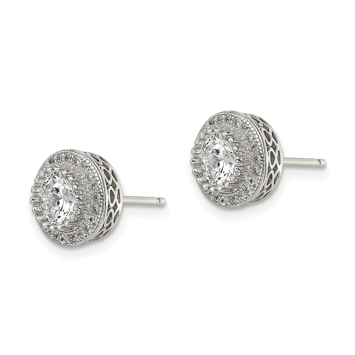 Sterling Silver Halo Stud Earrings with Round Cut Cubic Zirconia and Filigree Detail