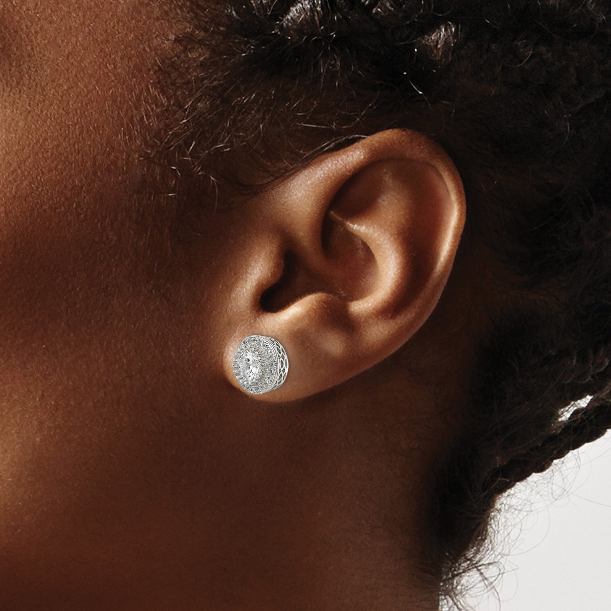 Sterling Silver Halo Stud Earrings with Round Cut Cubic Zirconia and Filigree Detail