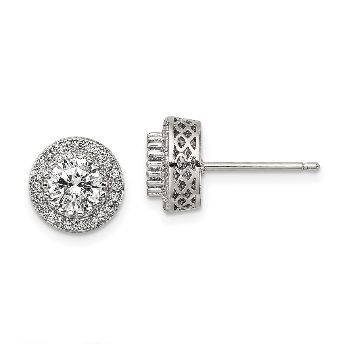 Sterling Silver Halo Stud Earrings with Round Cut Cubic Zirconia and Filigree Detail