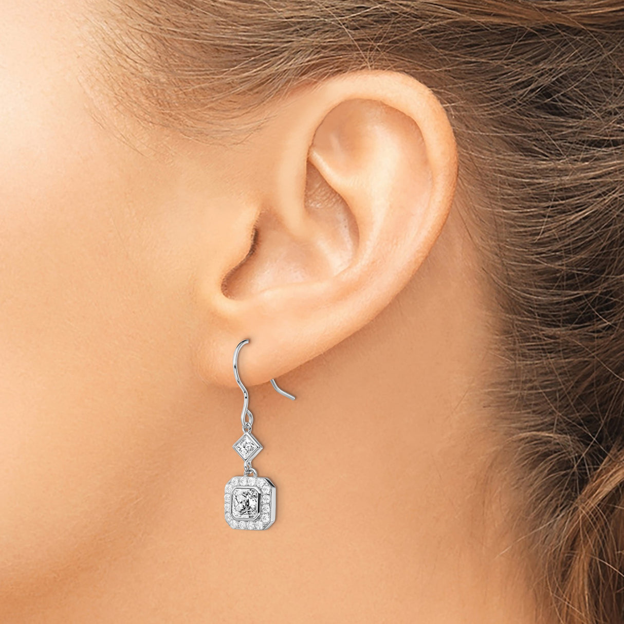 Sterling Silver Dangle Earrings with Square Cut Cubic Zirconia in Halo Setting